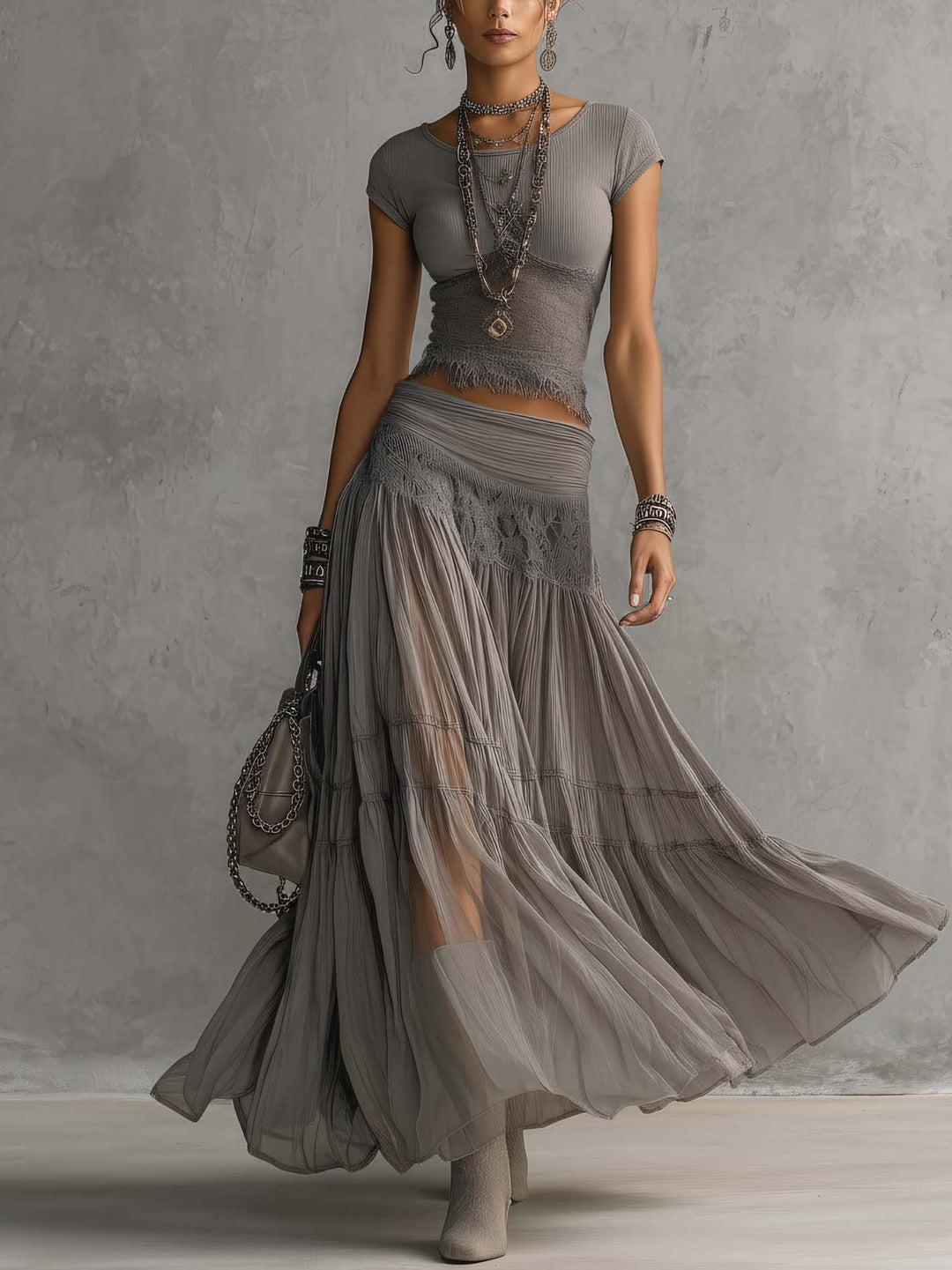 Gray Lace-Panel Top and Skirt Set