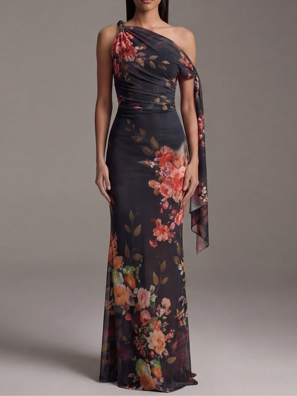 Black One-Shoulder Floral Maxi Dress