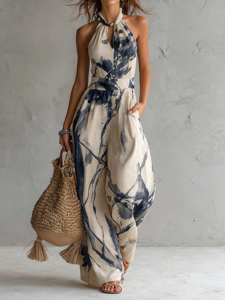 Beige Ink-Wash Print Wide-Leg Jumpsuit