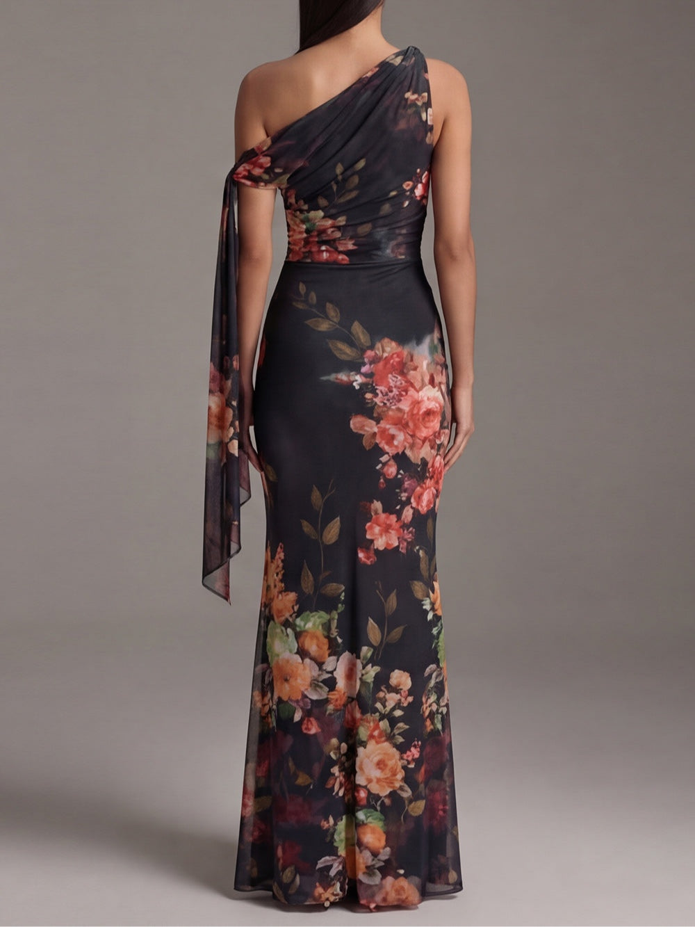Black One-Shoulder Floral Maxi Dress
