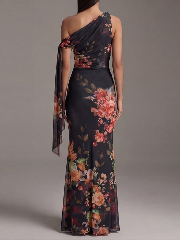 Black One-Shoulder Floral Maxi Dress