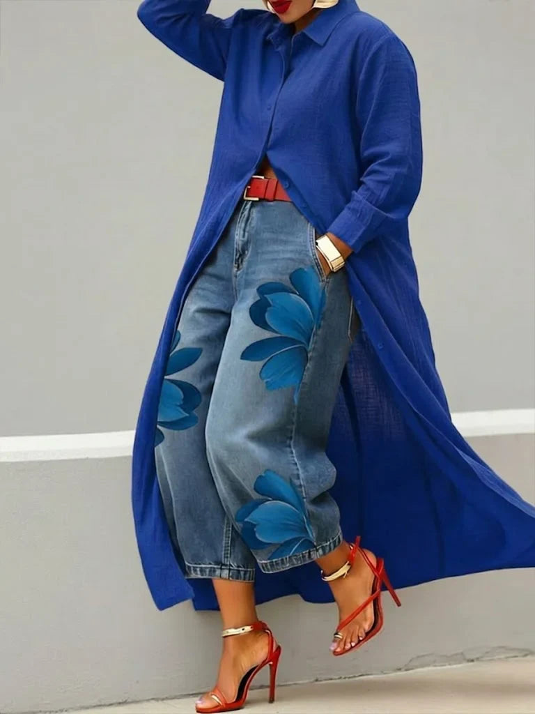 Analie - Shirt Dress and Floral Jeans Set