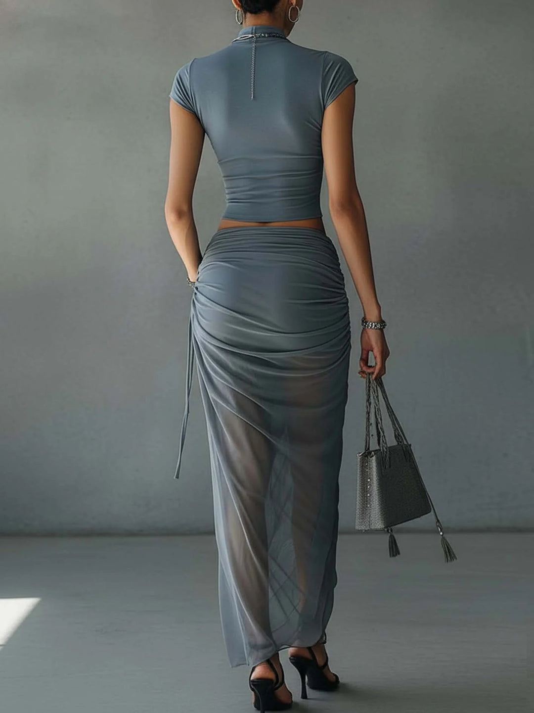 Blue Cropped Top and Skirt Set