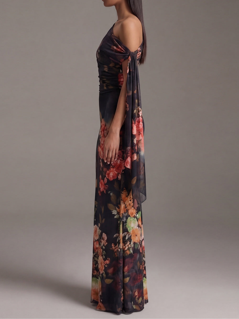 Black One-Shoulder Floral Maxi Dress