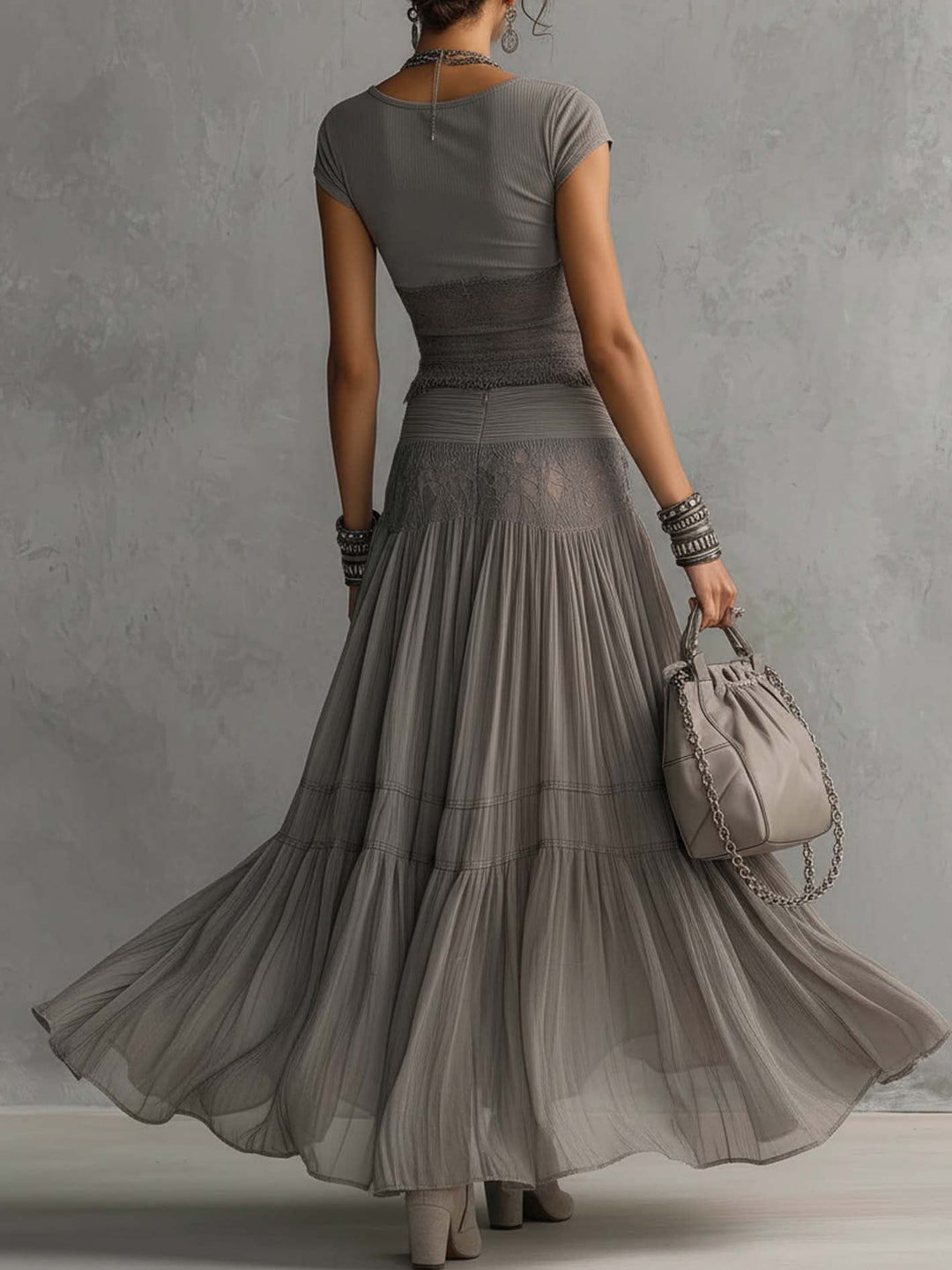 Gray Lace-Panel Top and Skirt Set