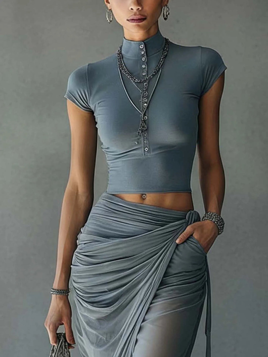 Blue Cropped Top and Skirt Set