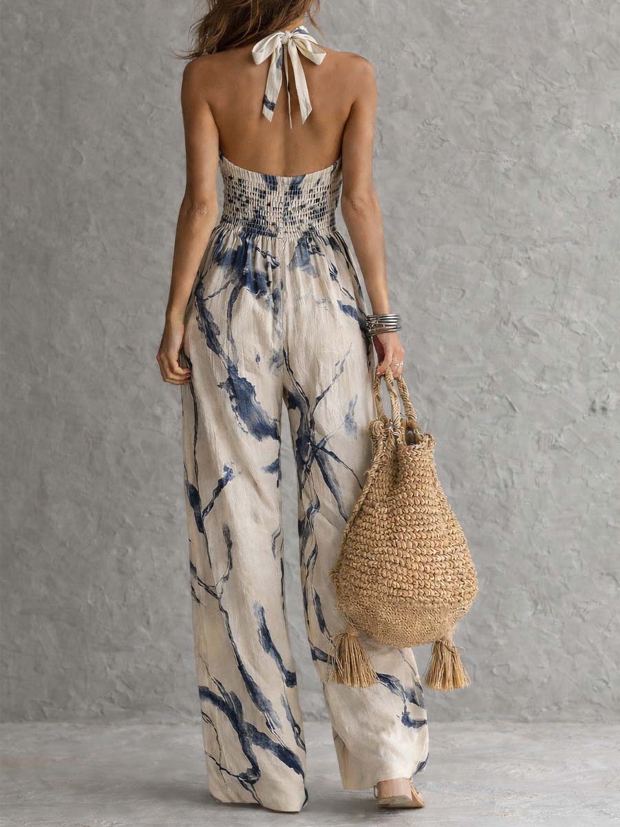 Beige Ink-Wash Print Wide-Leg Jumpsuit