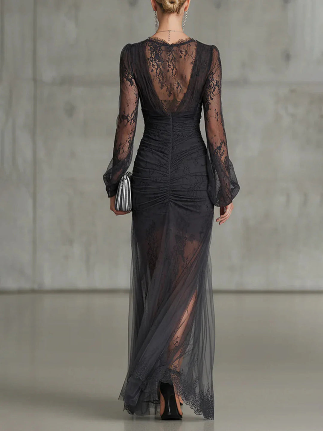Dark Gray Ruched Long-Sleeve Maxi Dress