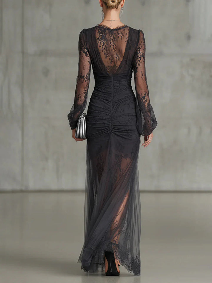 Dark Gray Ruched Long-Sleeve Maxi Dress