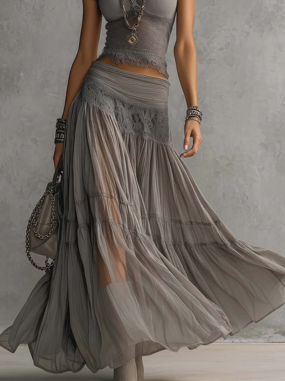 Gray Lace-Panel Top and Skirt Set