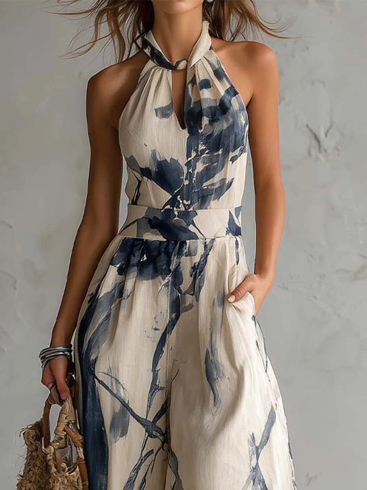 Beige Ink-Wash Print Wide-Leg Jumpsuit