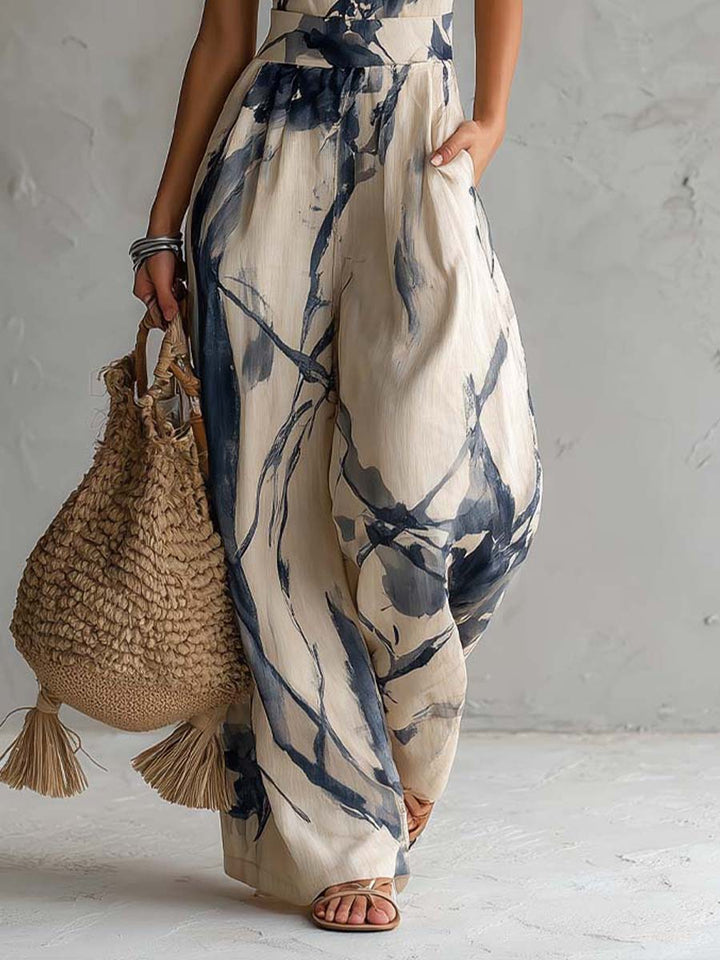 Beige Ink-Wash Print Wide-Leg Jumpsuit