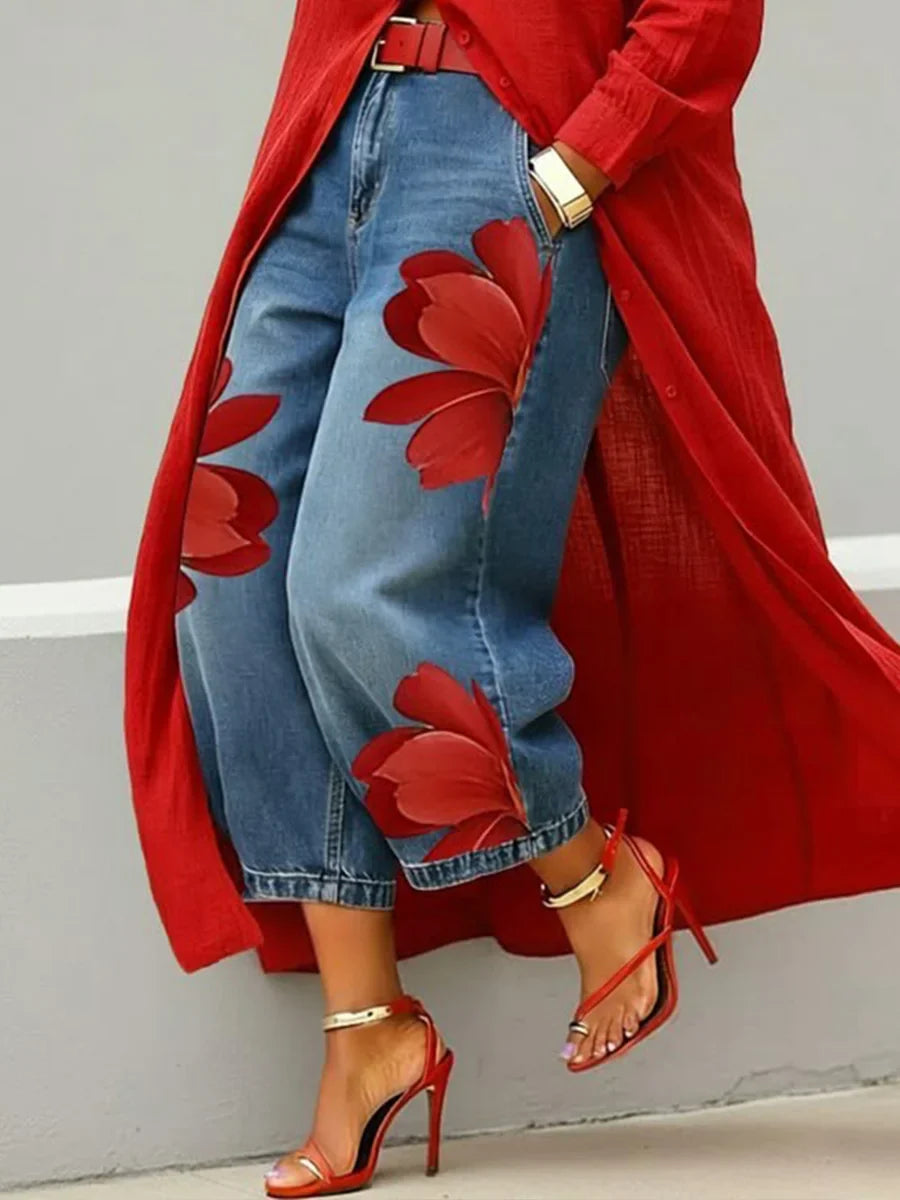 Analie - Shirt Dress and Floral Jeans Set