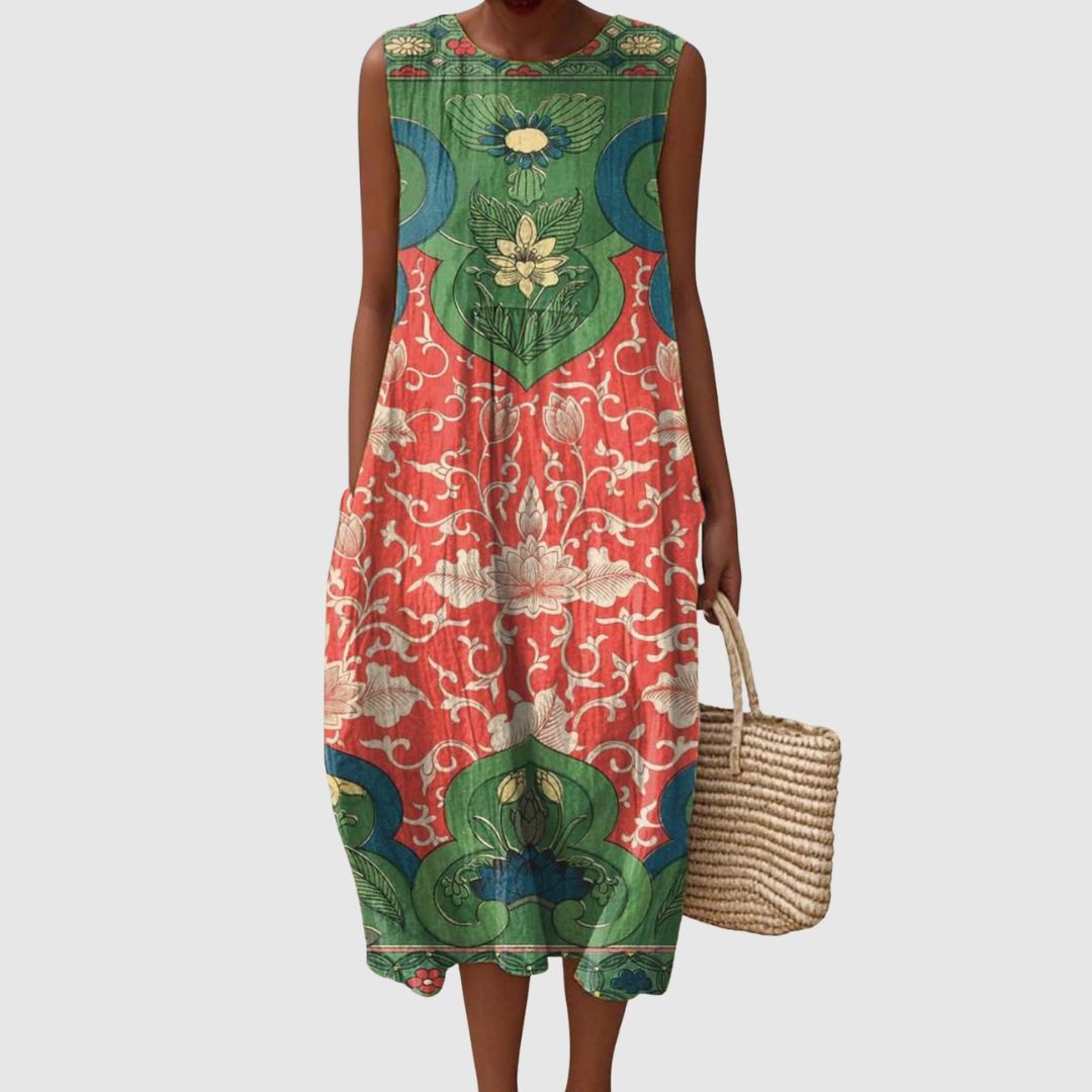 Evie | Women's Vintage Floral Pattern Art Print Sleeveless Pocket Wrap Dress