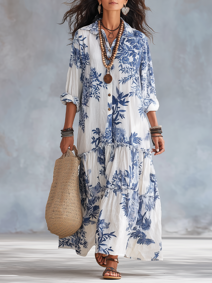 Bohemian Blue Floral Button-Down Maxi Dress