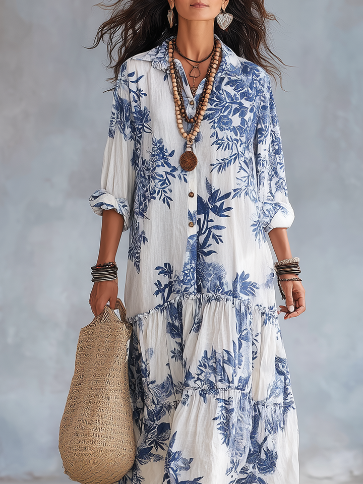 Bohemian Blue Floral Button-Down Maxi Dress