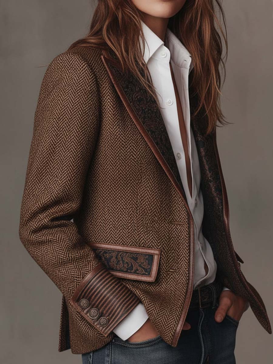 Brown Herringbone Panel Blazer