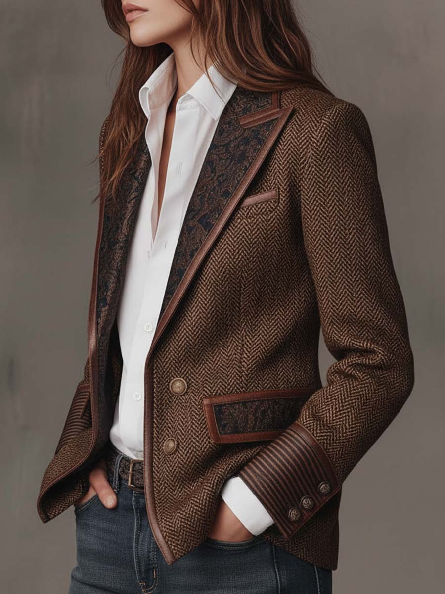 Brown Herringbone Panel Blazer