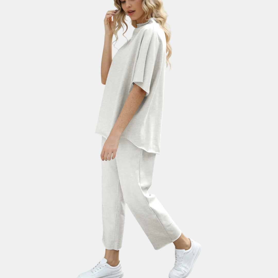 Women's Mock Neck Lounge Set Wide Leg Cropped Pants