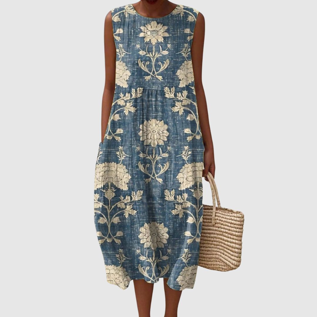 Charlotte | Women's Vintage Floral Pattern Art Print Sleeveless Pocket Wrap Dress