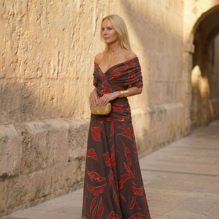 Emilia Elegant Flowing Dress - Brown Leaf