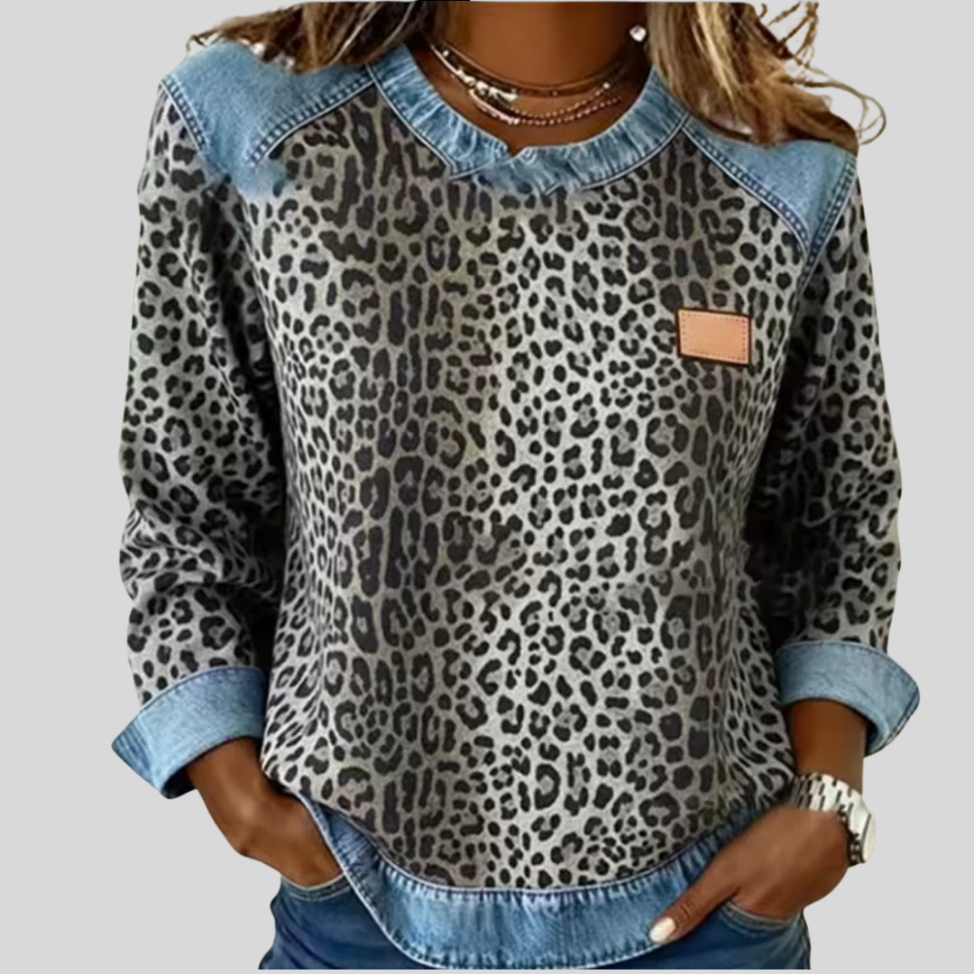 Livia | Printed Knit Sweater With Denim Collar