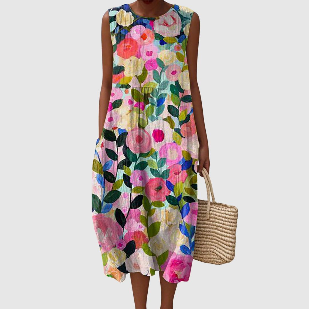 Olivia | Women's Lovely Floral Pattern Art Print Sleeveless Pocket Wrap Dress