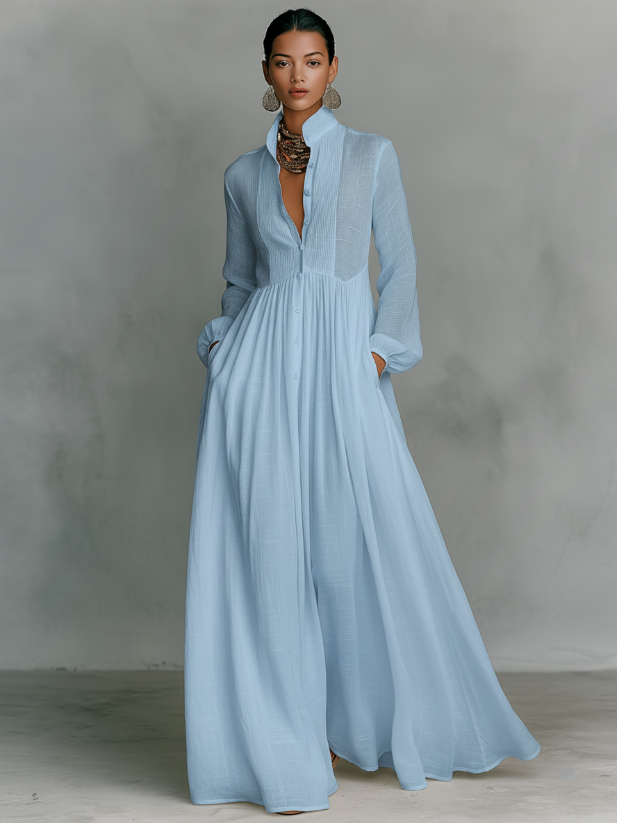 High-Collar Long Sleeve Maxi Dress