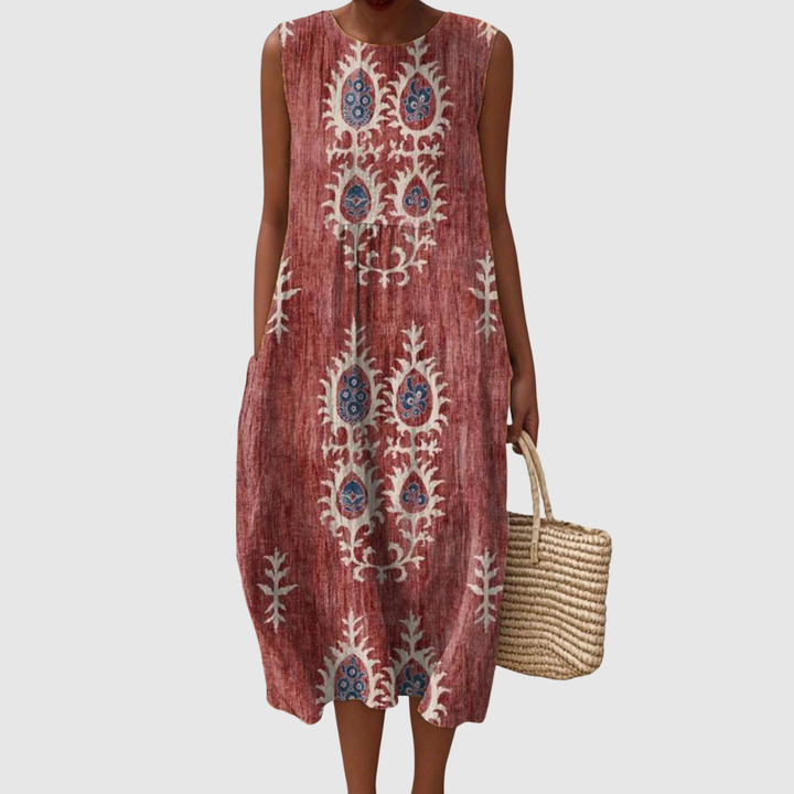 Penelope | Women's Vintage Ethnic Pattern Art Print Sleeveless Pocket Wrap Dress