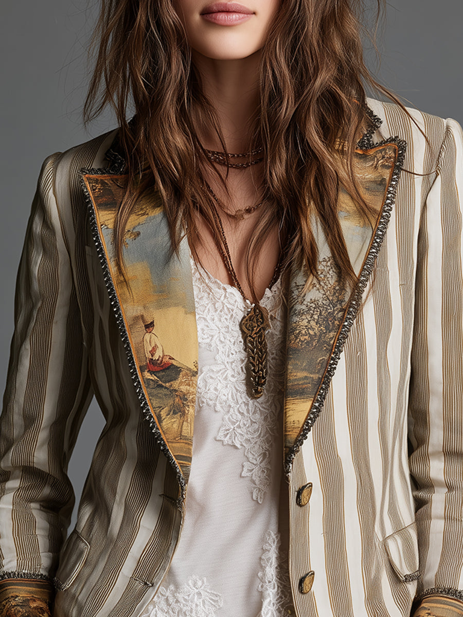 Boho Striped Lapel Blazer