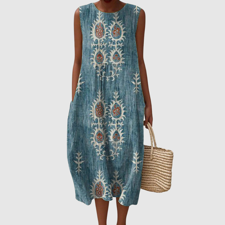 Penelope | Women's Vintage Ethnic Pattern Art Print Sleeveless Pocket Wrap Dress