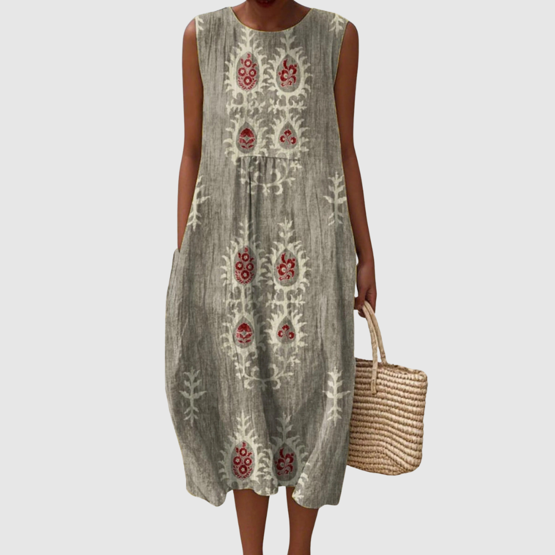 Penelope | Women's Vintage Ethnic Pattern Art Print Sleeveless Pocket Wrap Dress