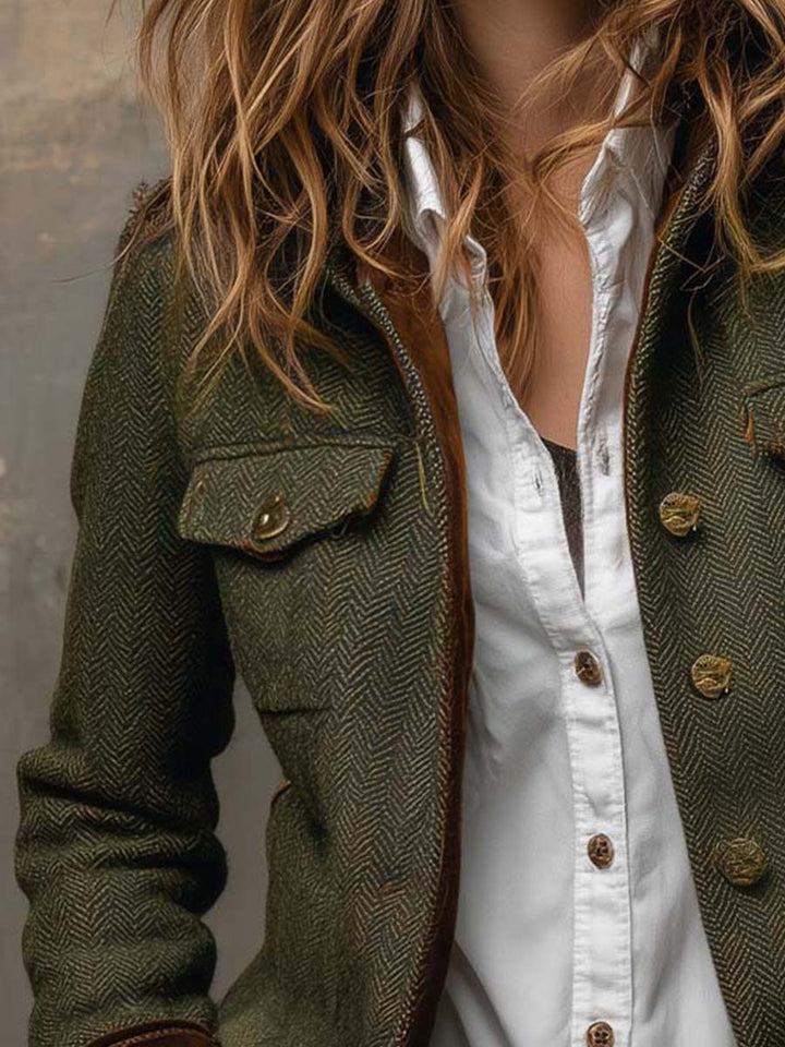 Vintage Herringbone Contrast Trim Blazer