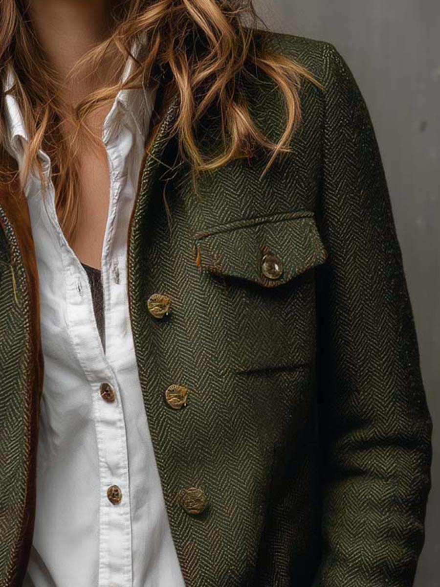 Vintage Herringbone Contrast Trim Blazer