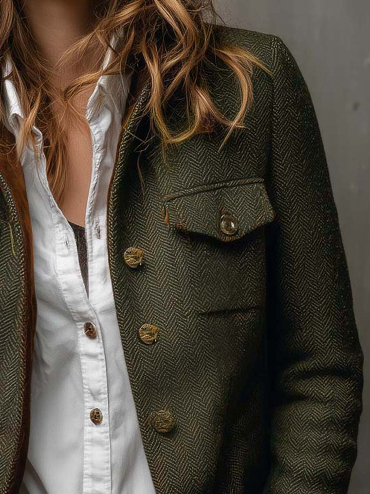 Vintage Herringbone Contrast Trim Blazer