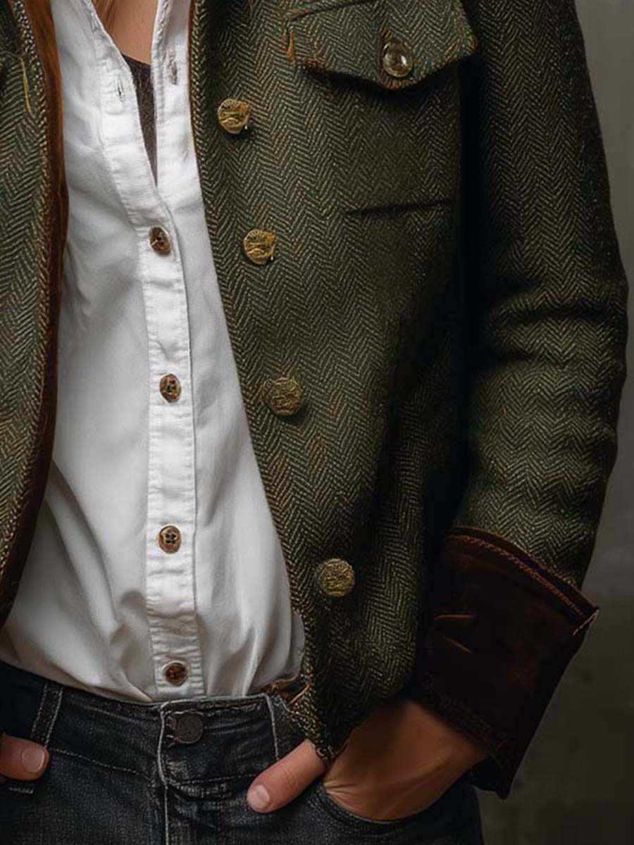 Vintage Herringbone Contrast Trim Blazer
