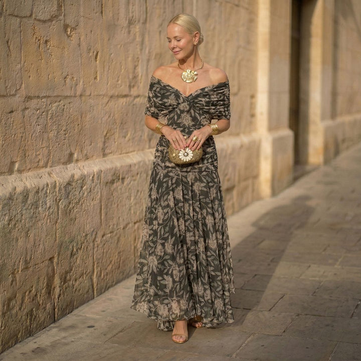 Emilia Elegant Flowing Dress - Khaki Floral