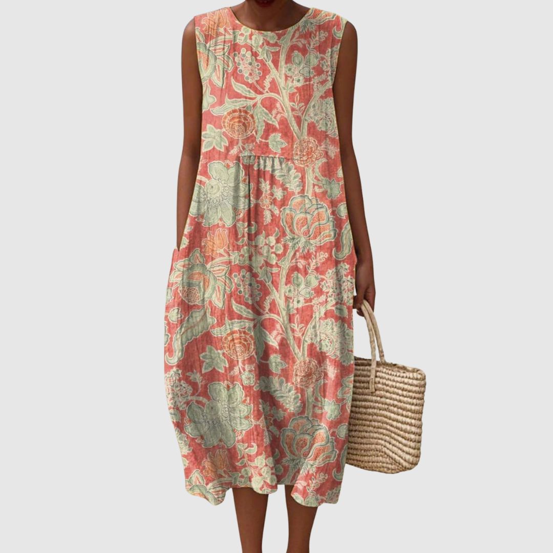 Isla | Women's Vintage Floral Pattern Art Print Sleeveless Pocket Wrap Dress