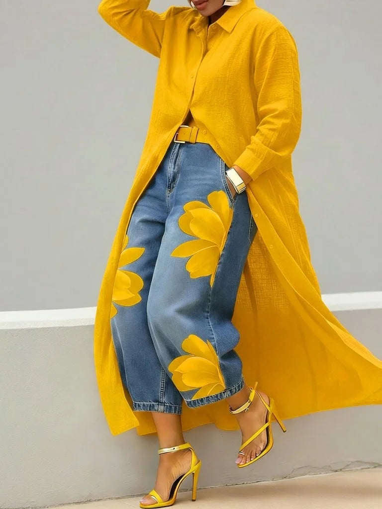Analie - Shirt Dress and Floral Jeans Set