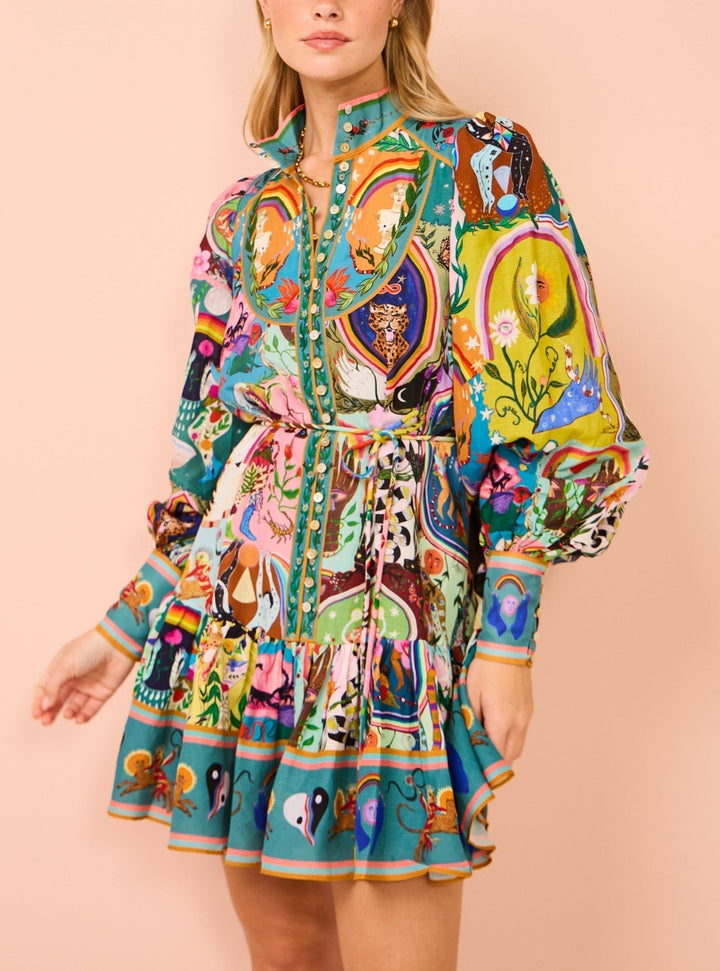 Casual Mini Dress with Graffiti Print Evergreen