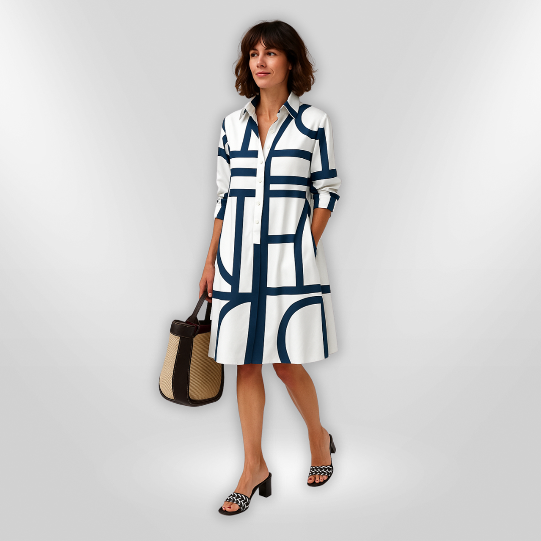AURORA | Midi Hemdress with Flattering Cut and Modern Geometric Print