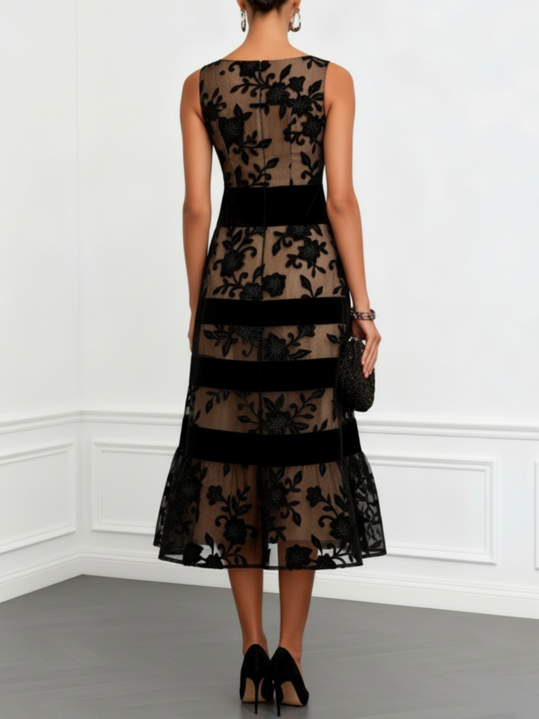 Black Floral Appliqué Midi Dress