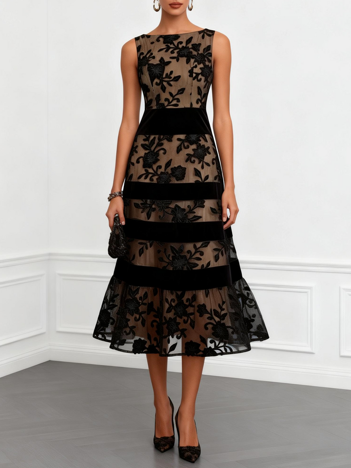 Black Floral Appliqué Midi Dress