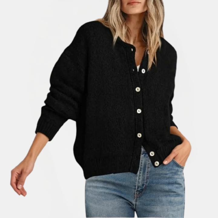 Women's Button Front Crewneck Cardigan Sweater Relaxed Fit