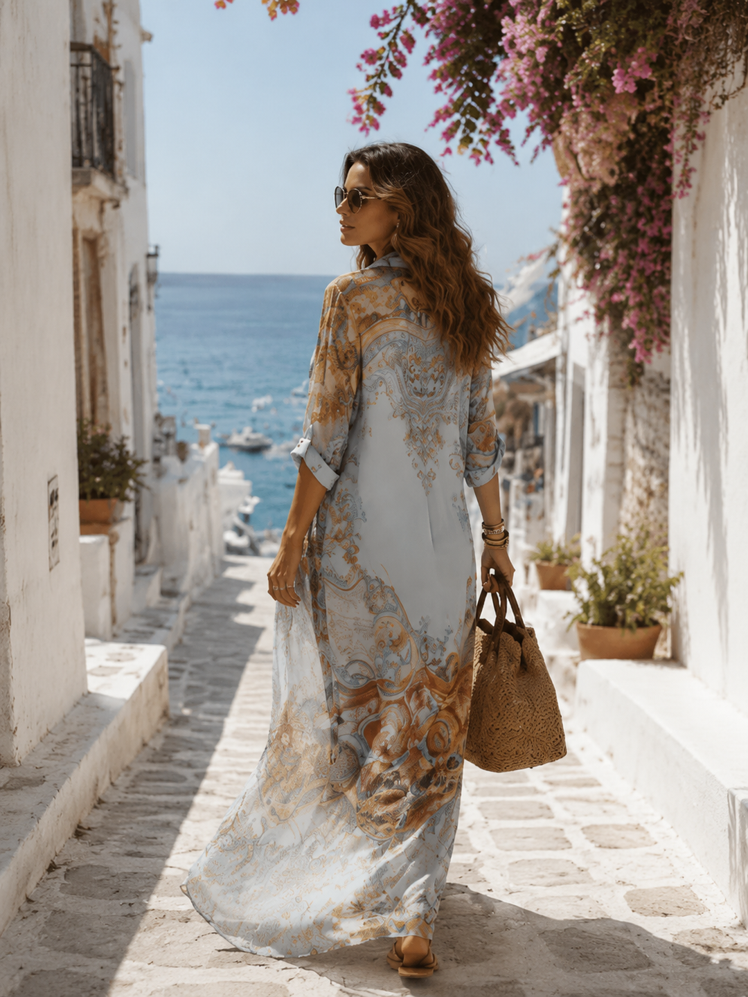 Baroque Style Floral Blue Maxi Dress