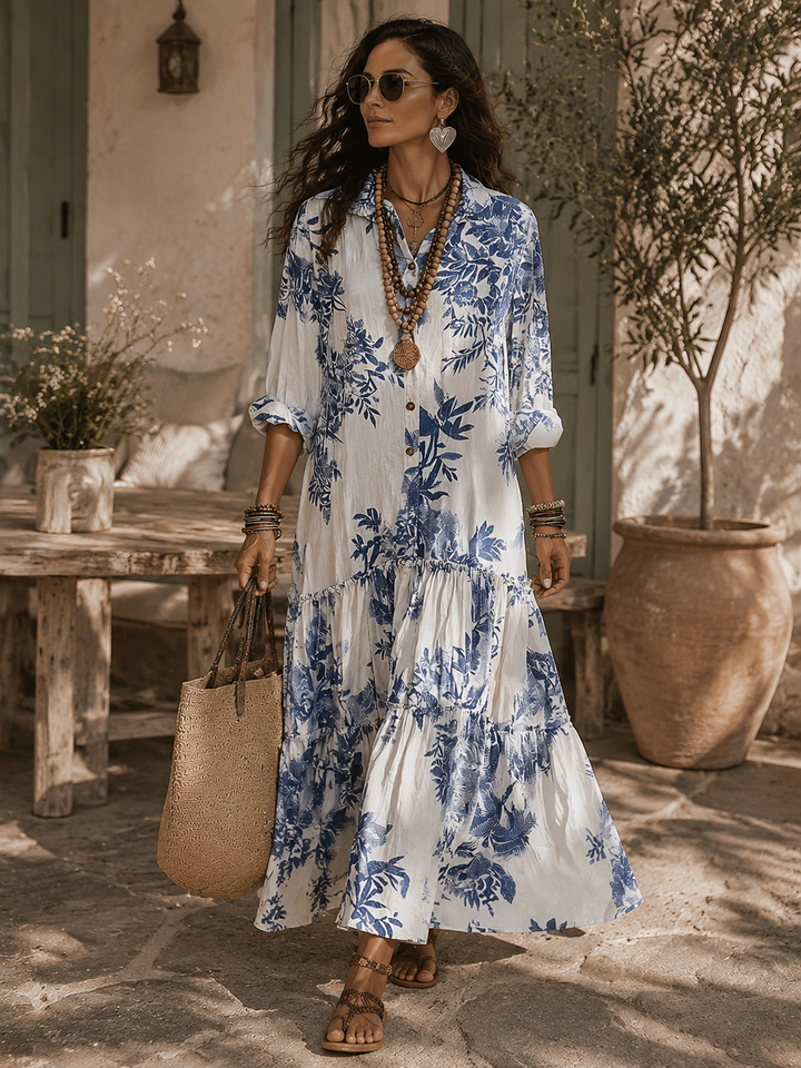 Bohemian Blue Floral Button-Down Maxi Dress