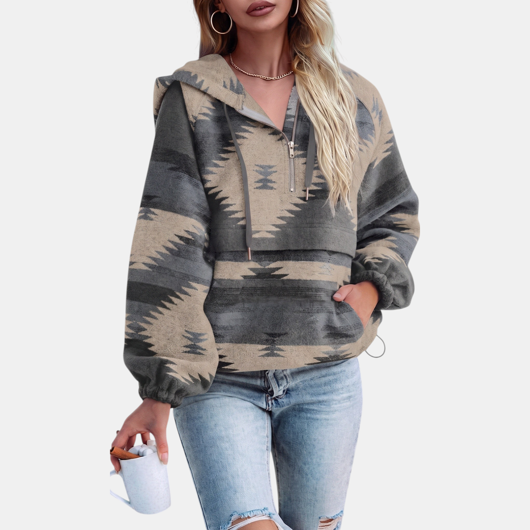 Women's Oversized Quarter Zip Hoodie with Geometric Print
