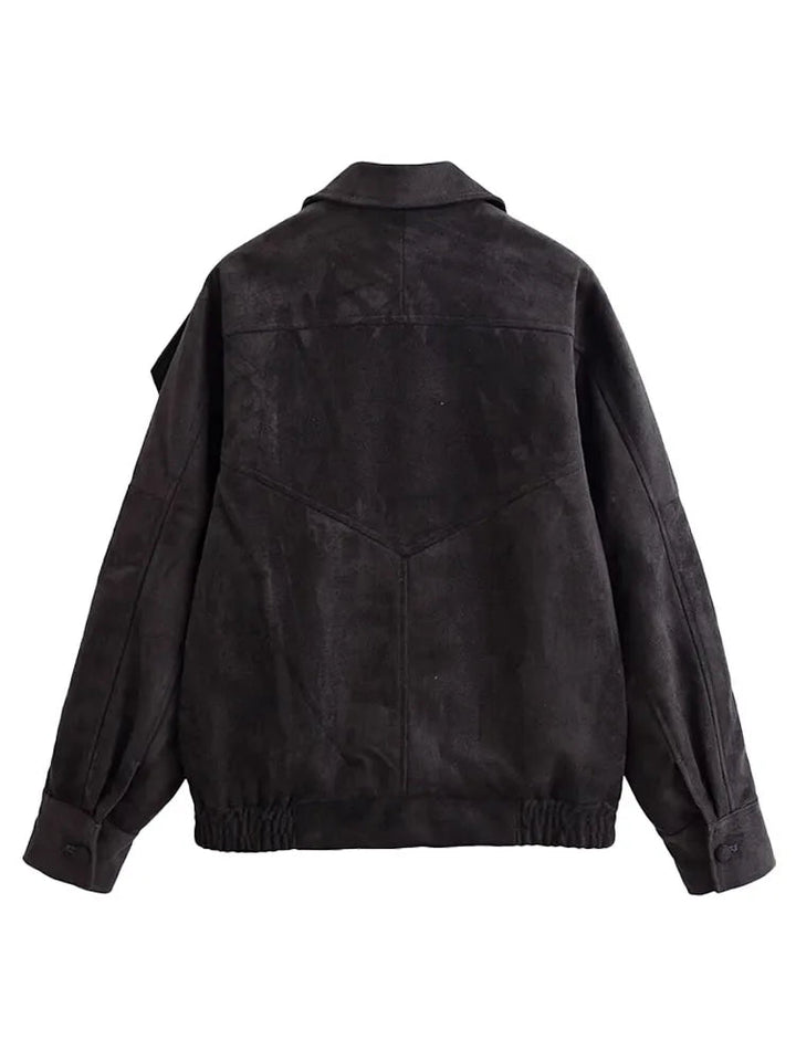 Women’s Oversized Faux Suede Jacket with Asymmetrical Collar and Modern Utility Silhouette