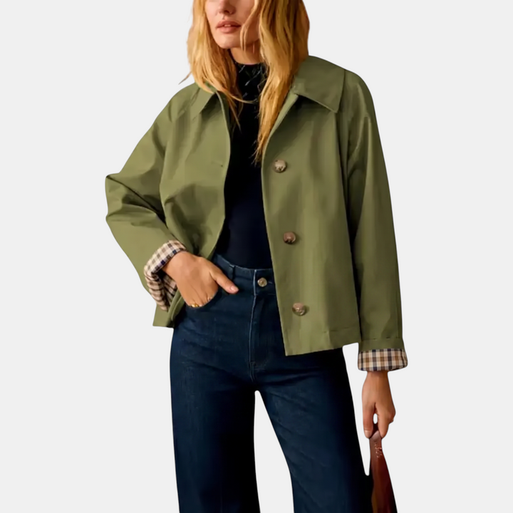 Women's Cropped Trench Coat Lapel Button Front Jacket with Checkered Lining