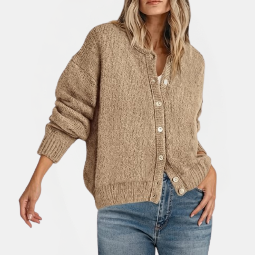 Women's Button Front Crewneck Cardigan Sweater Relaxed Fit